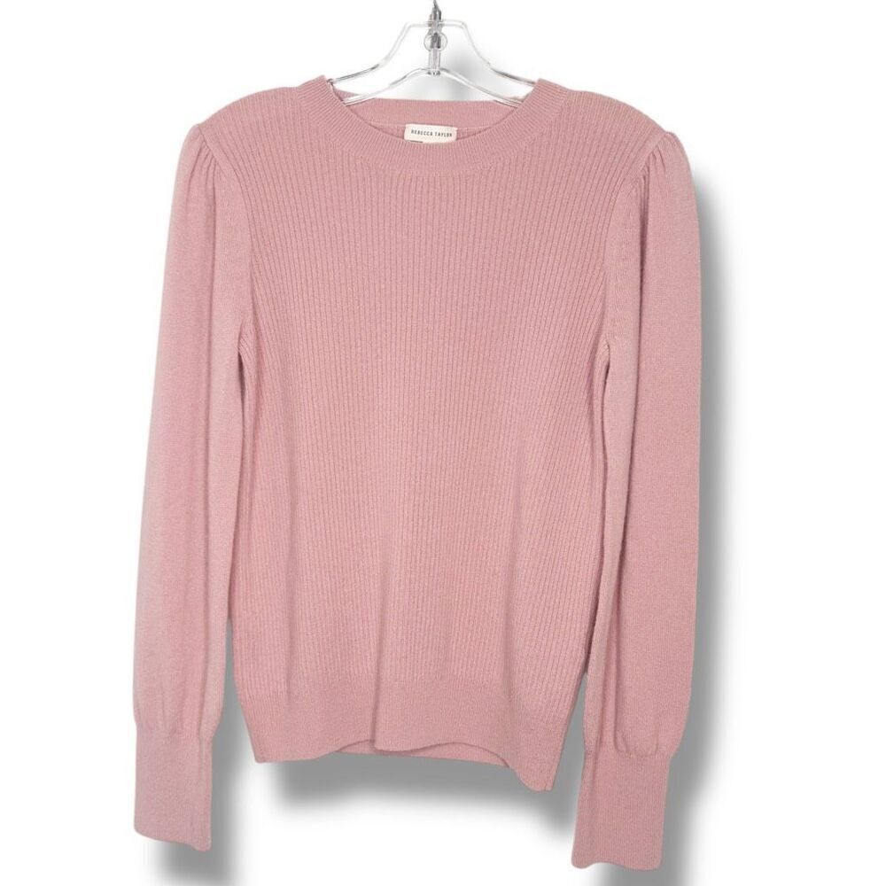 REBECCA TAYLOR 100% Cashmere Sweater Crew Neck Puff Sleeve Ribbed Pink Size L